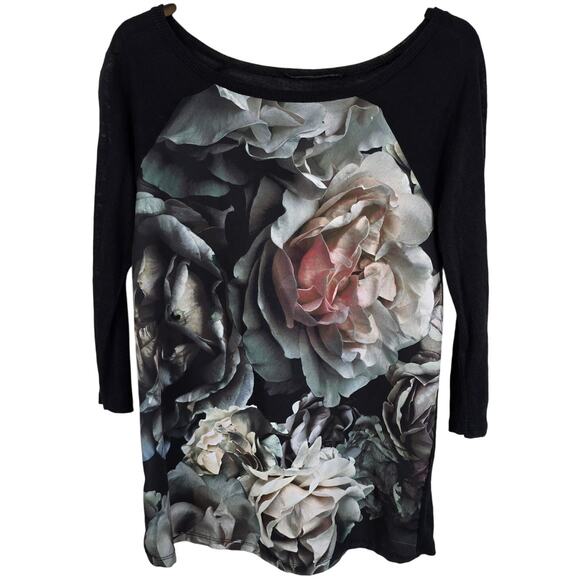 Zara Collection Top Women's M Black Knit Semi Sheer Roses Design Dark Romantic - Picture 1 of 9